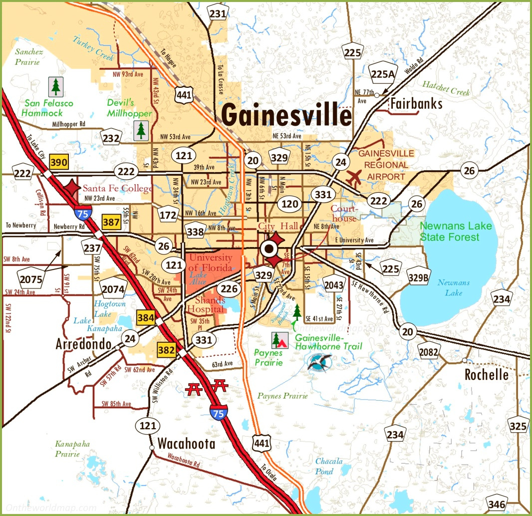Gainesville Area Road Map - Ontheworldmap within City of Gainesville Florida Map