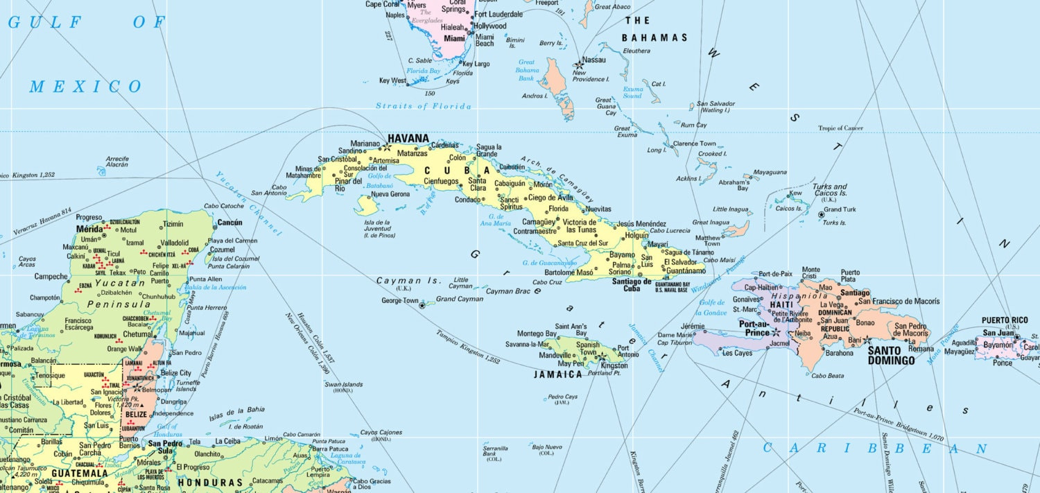 Gulf, Caribbean &amp;amp; Atlantic Coast Regions Wall Map Poster 36X24 throughout Map of Florida and Caribbean Islands