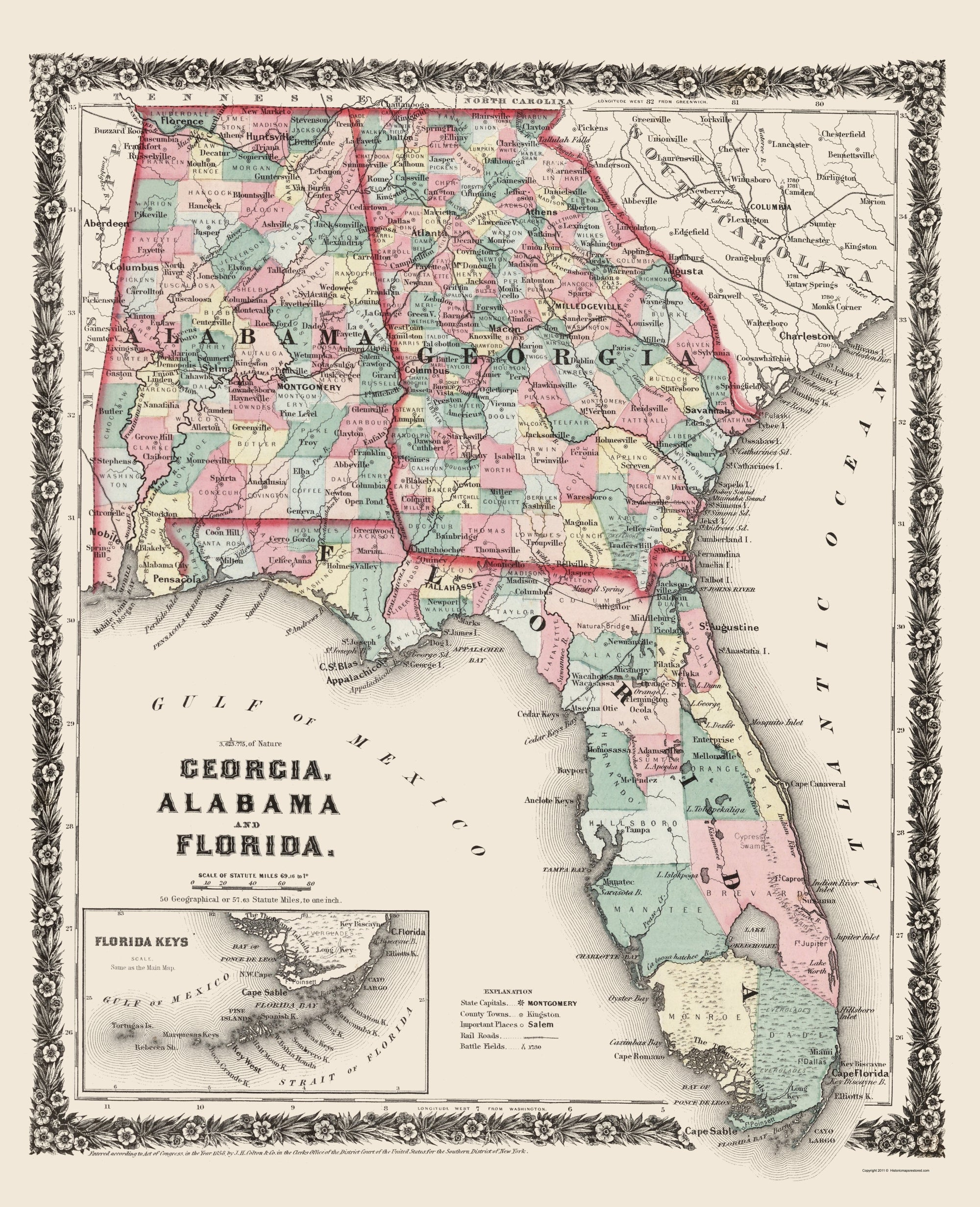 Historic State Map - Georgia Alabama Florida - Colton 1858 - 23 X with Map Of Florida Georgia And Alabama