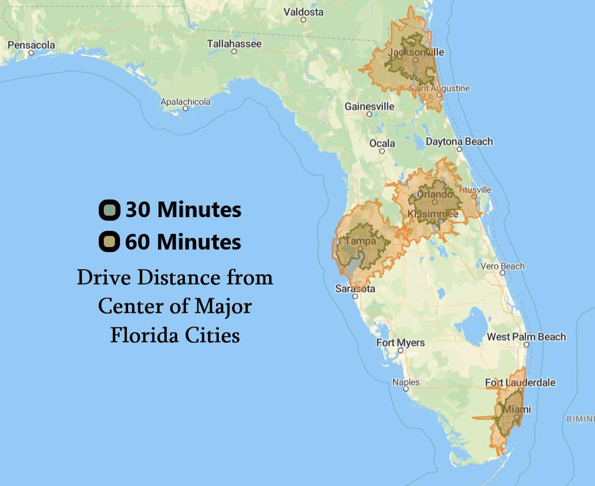 How Far You Can Make It Within An Hour Of Driving From Major Fl inside Map of Beaches You Can Drive on in Florida