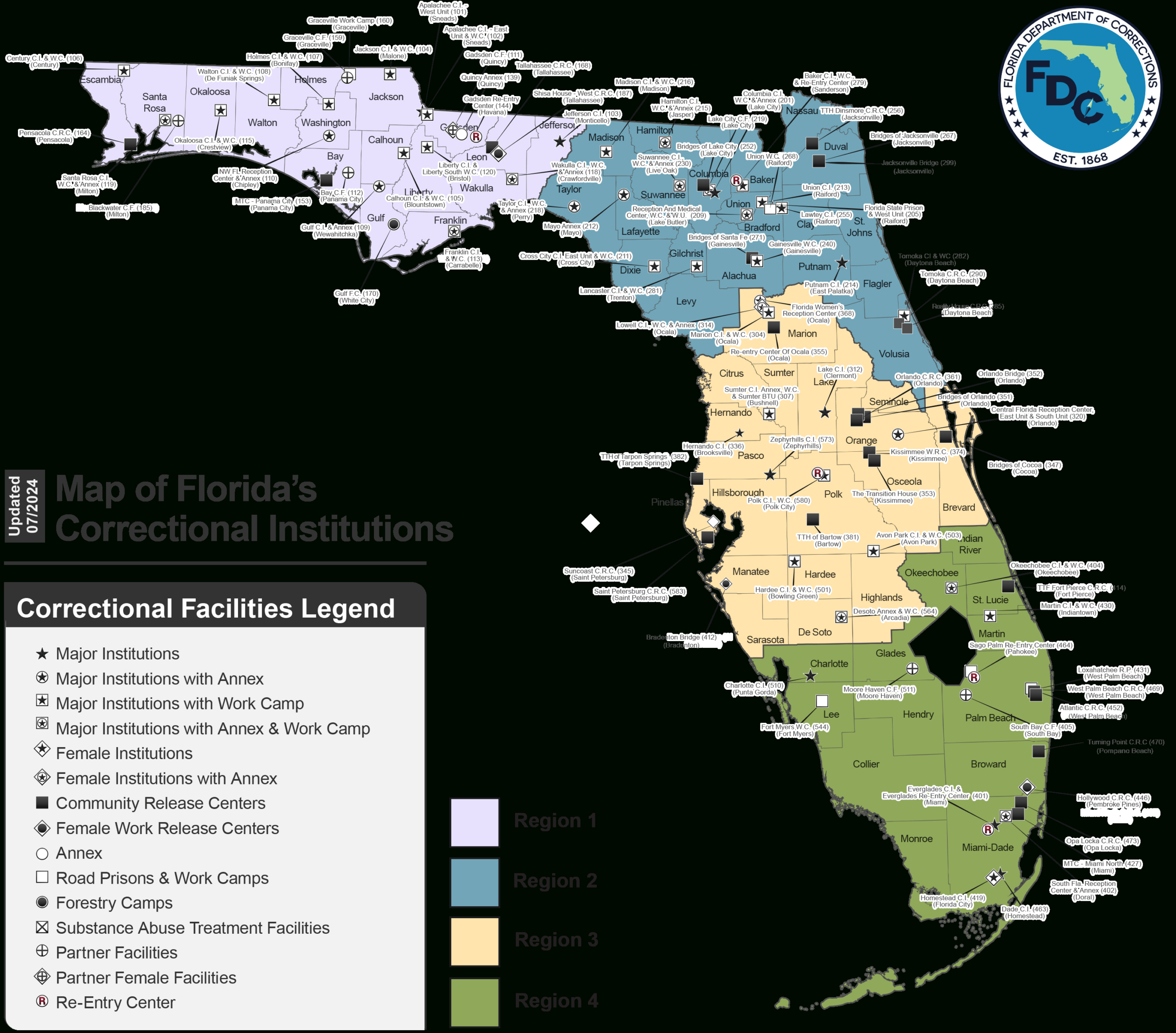 Institutions - Florida Department Of Corrections for Map of Prisons in Florida