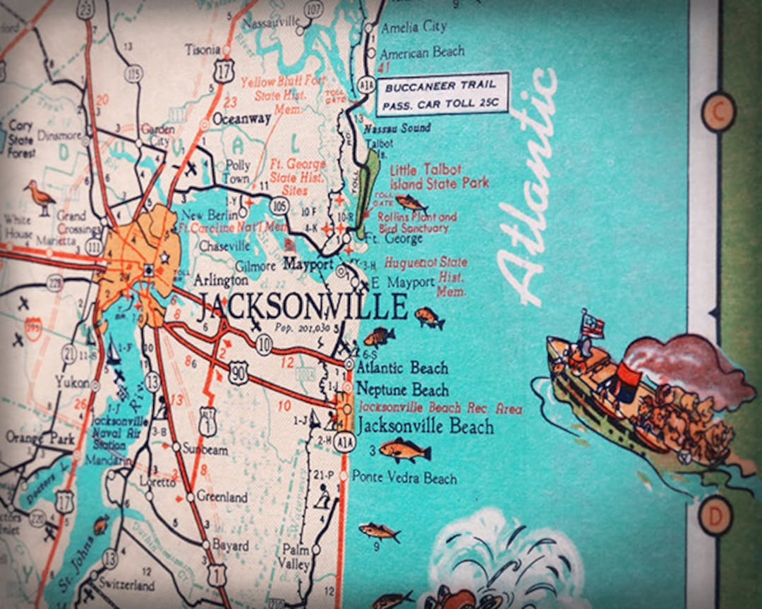 Jacksonville Beach Mayport Atlantic Beach Retro Beach Map Print regarding Map of Jacksonville Beach Florida