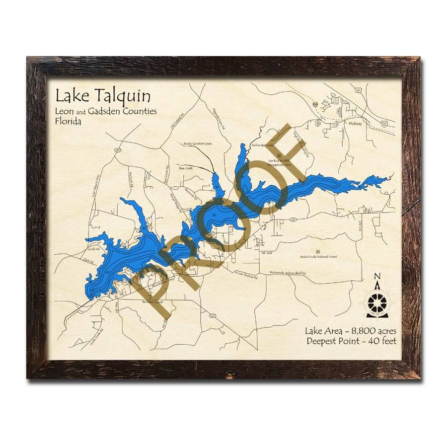 Lake Talquin, Fl Wood Map | 3D Topographic Wood Chart for Map of Lake Talquin Florida