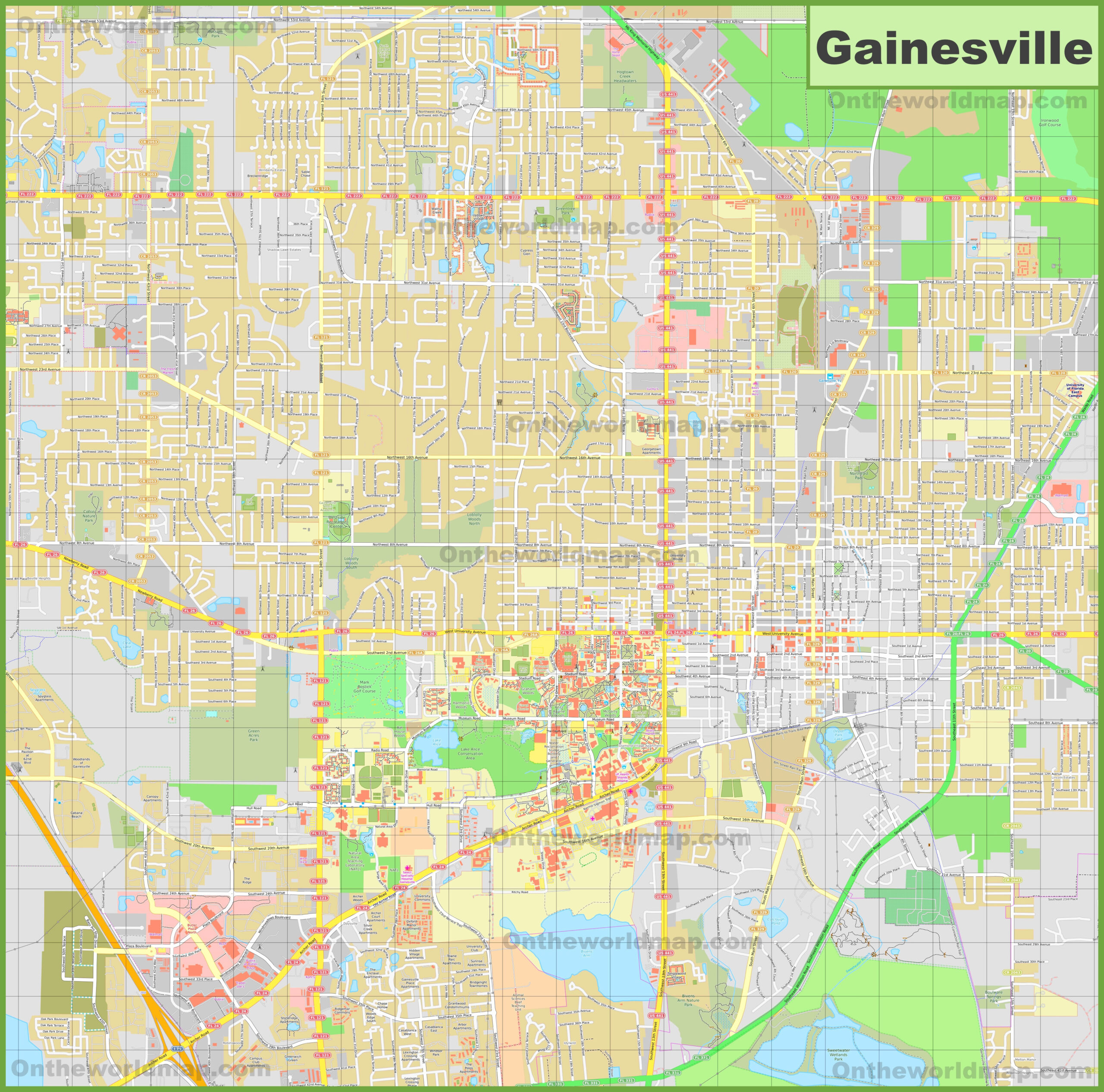Large Detailed Map Of Gainesville - Ontheworldmap within Street Map of Gainesville Florida