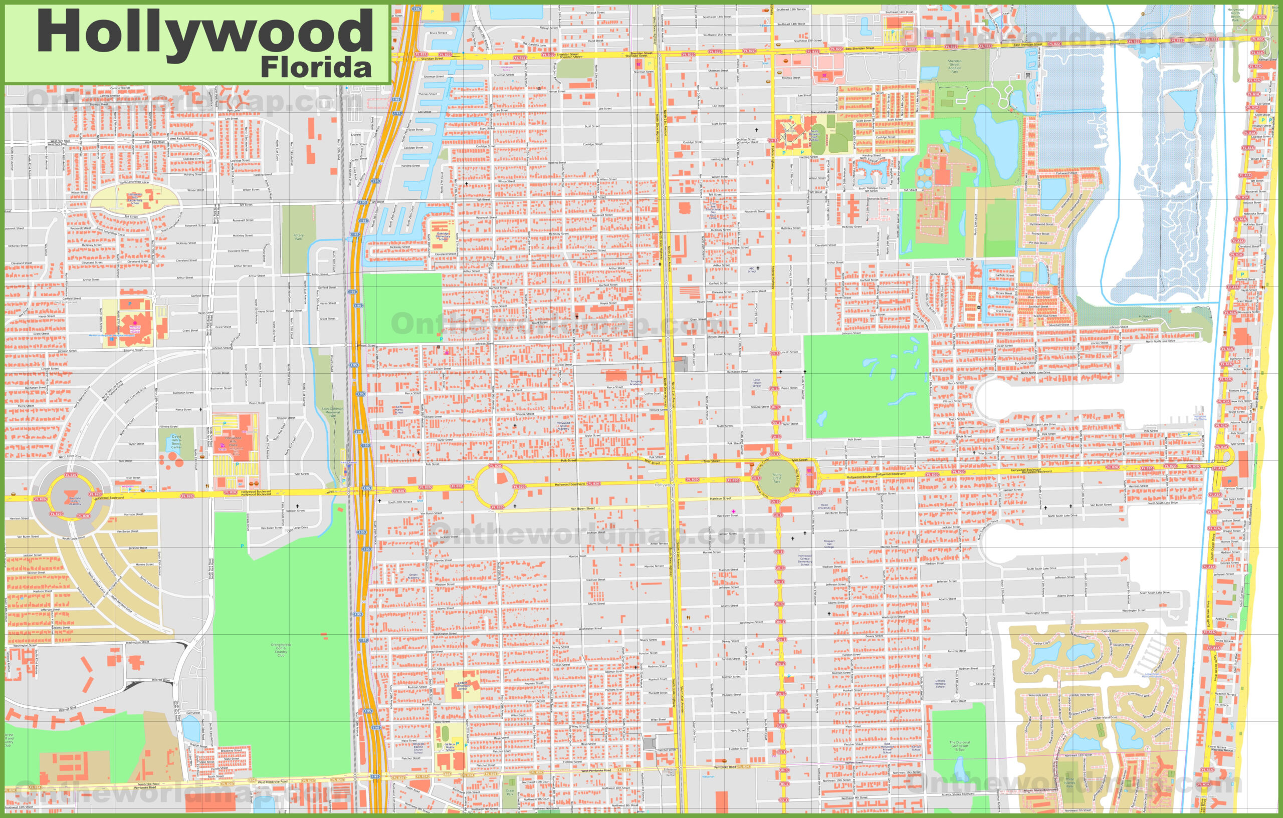 Large Detailed Map Of Hollywood (Florida) - Ontheworldmap throughout City Of Hollywood Florida Map
