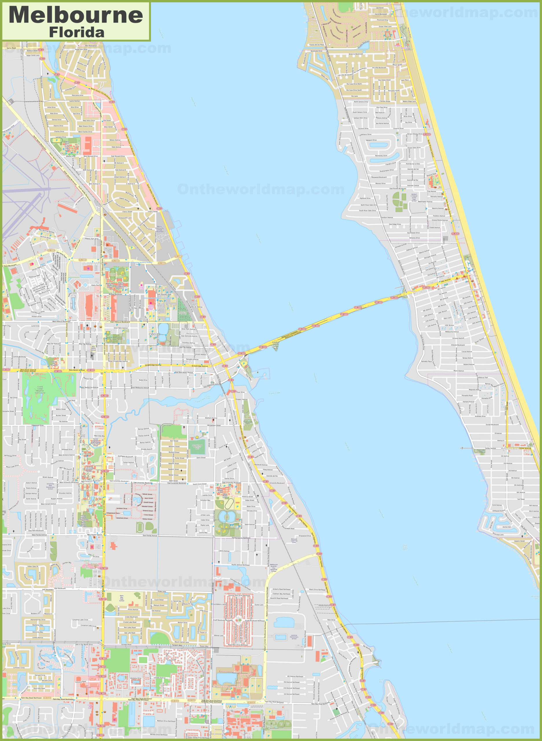 large detailed map of melbourne florida ontheworldmap throughout melbourne fl map of florida scaled Large Detailed Map Of Melbourne (Florida) - Ontheworldmap throughout Melbourne Fl Map of Florida