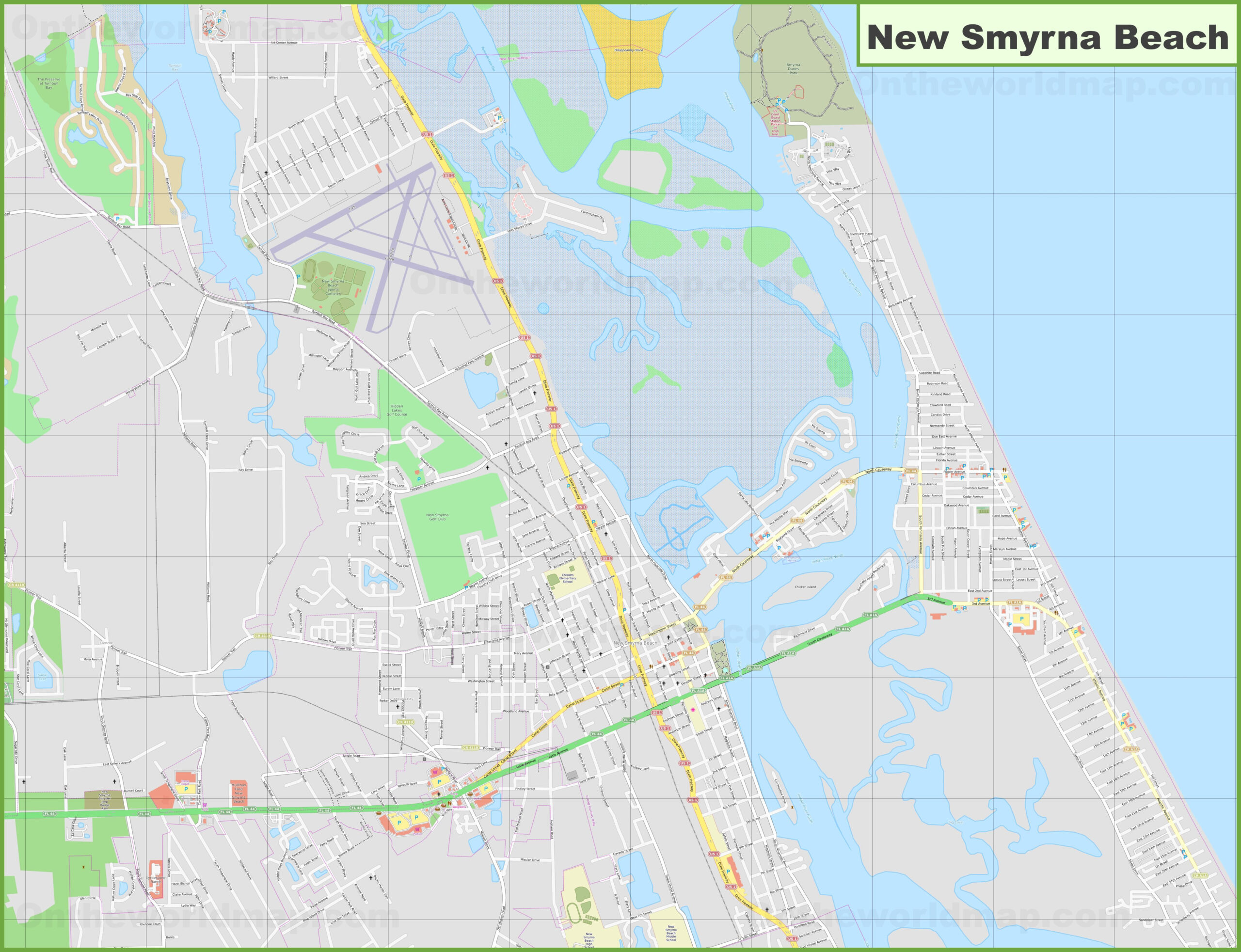 Large Detailed Map Of New Smyrna Beach - Ontheworldmap throughout Map Of Florida New Smyrna Beach