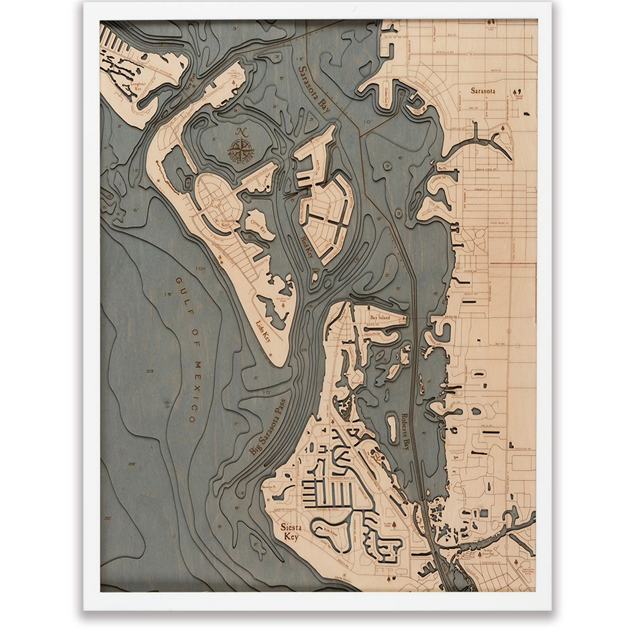 Lido Key - Siesta Key Wooden Map Art | Topographic 3D Chart throughout Map Of Lido Key Florida