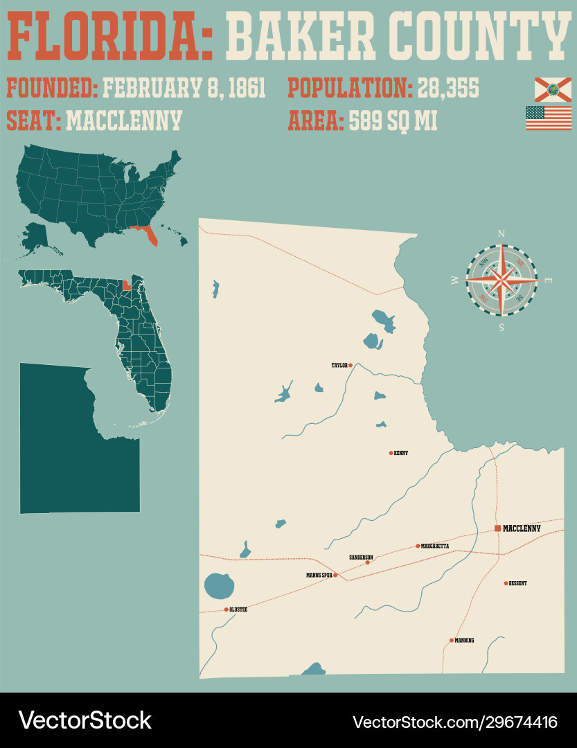 Map Baker County In Florida Royalty Free Vector Image pertaining to Map Of Baker County Florida