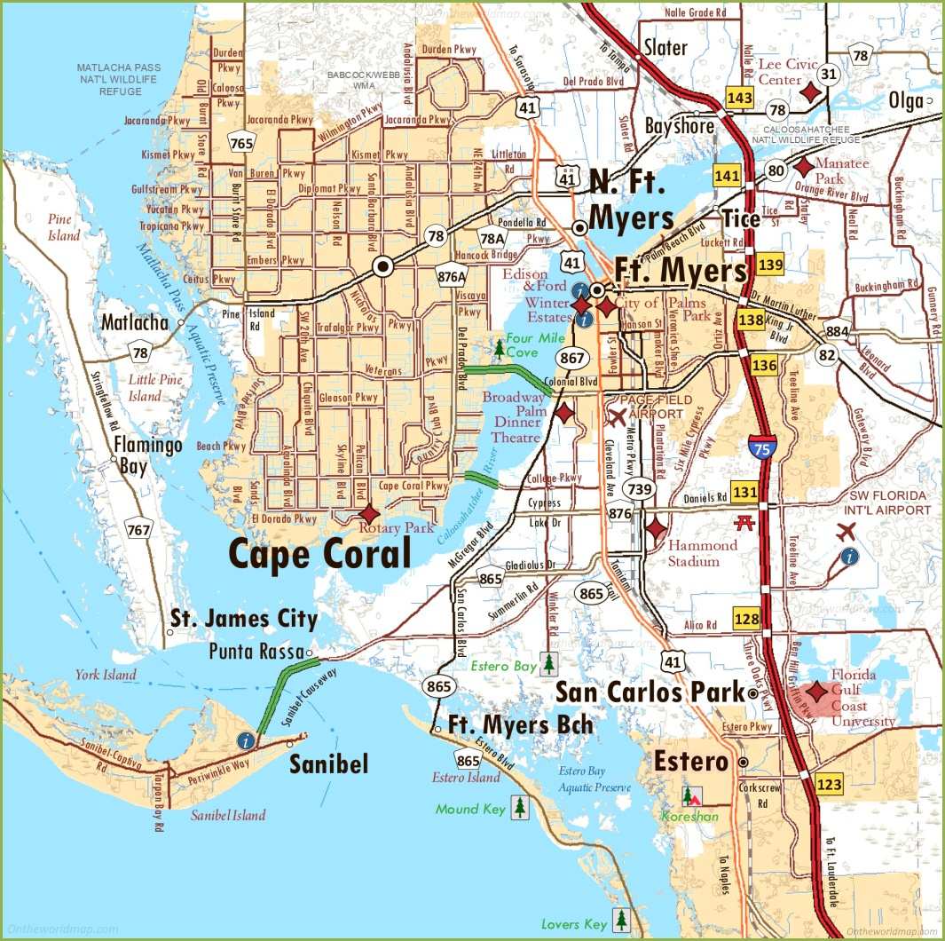 Map Of Cape Coral And Fort Myers - Ontheworldmap throughout City Map of Fort Myers Florida