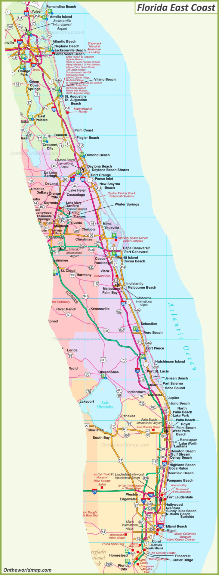 Beaches on East Coast of Florida Map