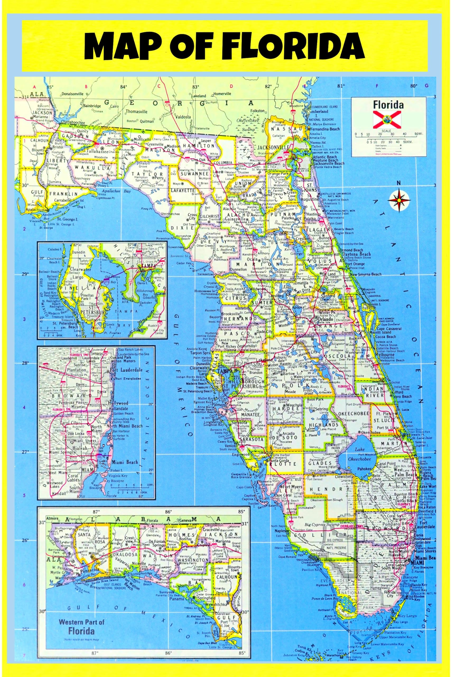 Map Of Florida Style E - Laminated Wall Map Poster Print Perfect regarding Detailed City Map Of Florida