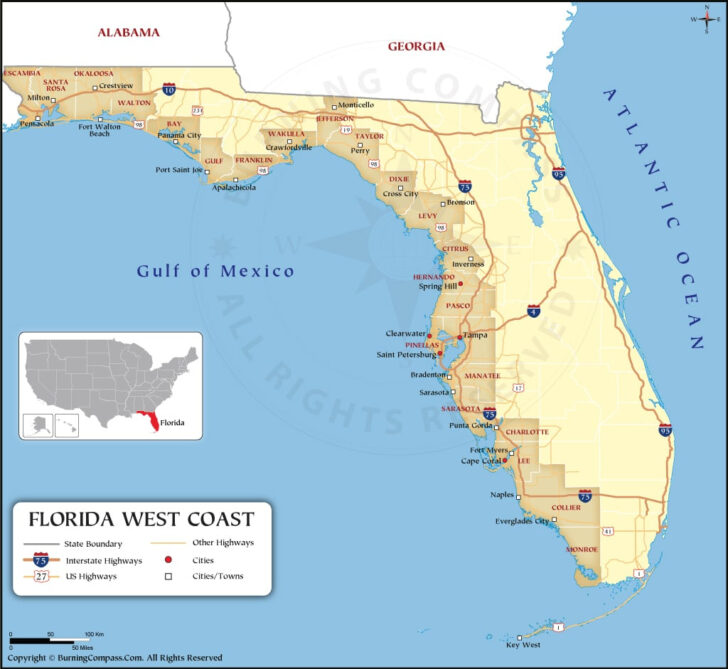 Map of West Coast of Florida with Cities