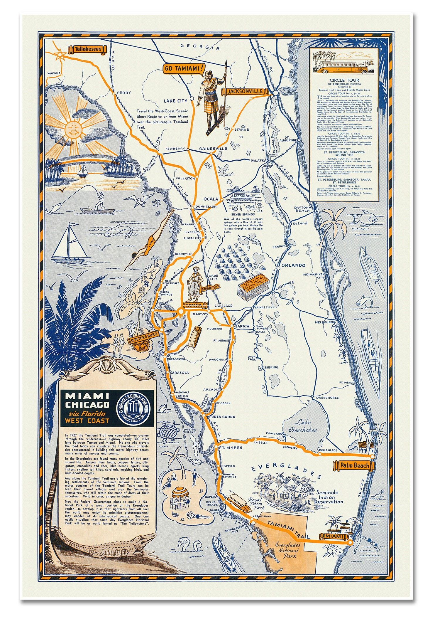Map Of Floridatamiami Trail Tours C. 1937 | Fascinating in Map of Tamiami Trail Florida