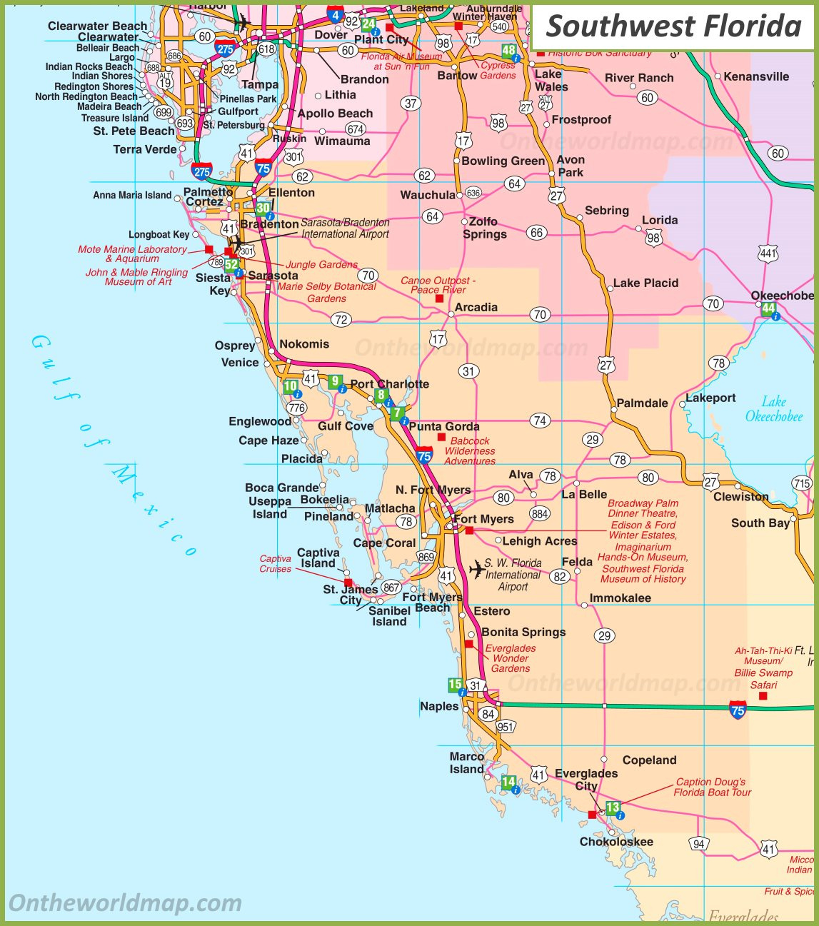 map of southwest florida ontheworldmap throughout southwest coast of florida map Map Of Southwest Florida - Ontheworldmap throughout Southwest Coast of Florida Map