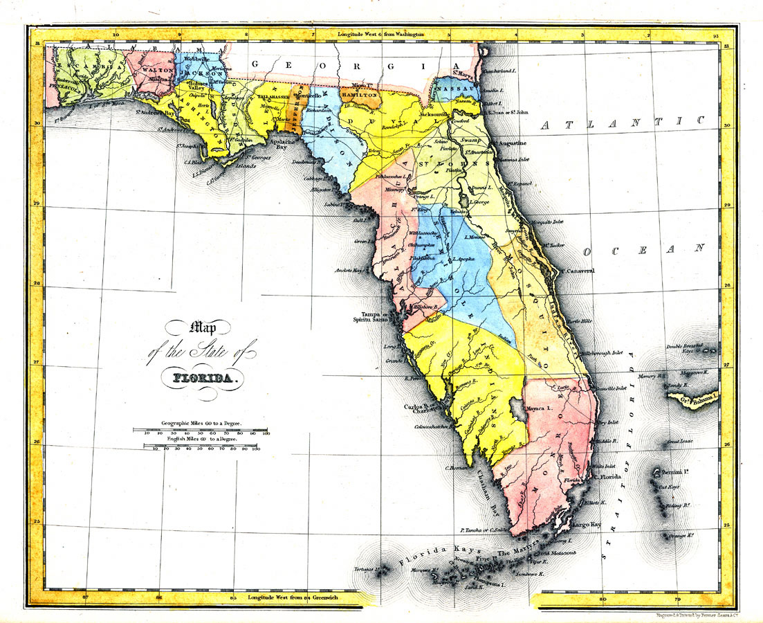 Map Of The State Of Florida, 1832 Ad throughout Map of Florida with Latitude and Longitude