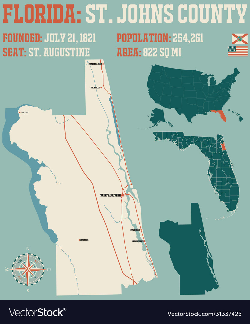 Map Saint Johns County In Florida Royalty Free Vector Image in Map Of St Johns Florida