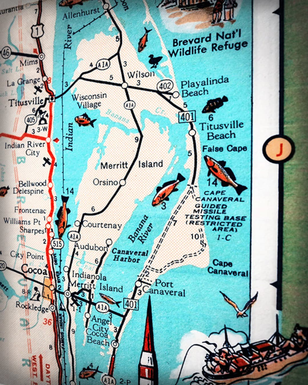 Merritt Island Cape Canaveral Titusville Retro Beach Map Print in Map Of Merritt Island Florida