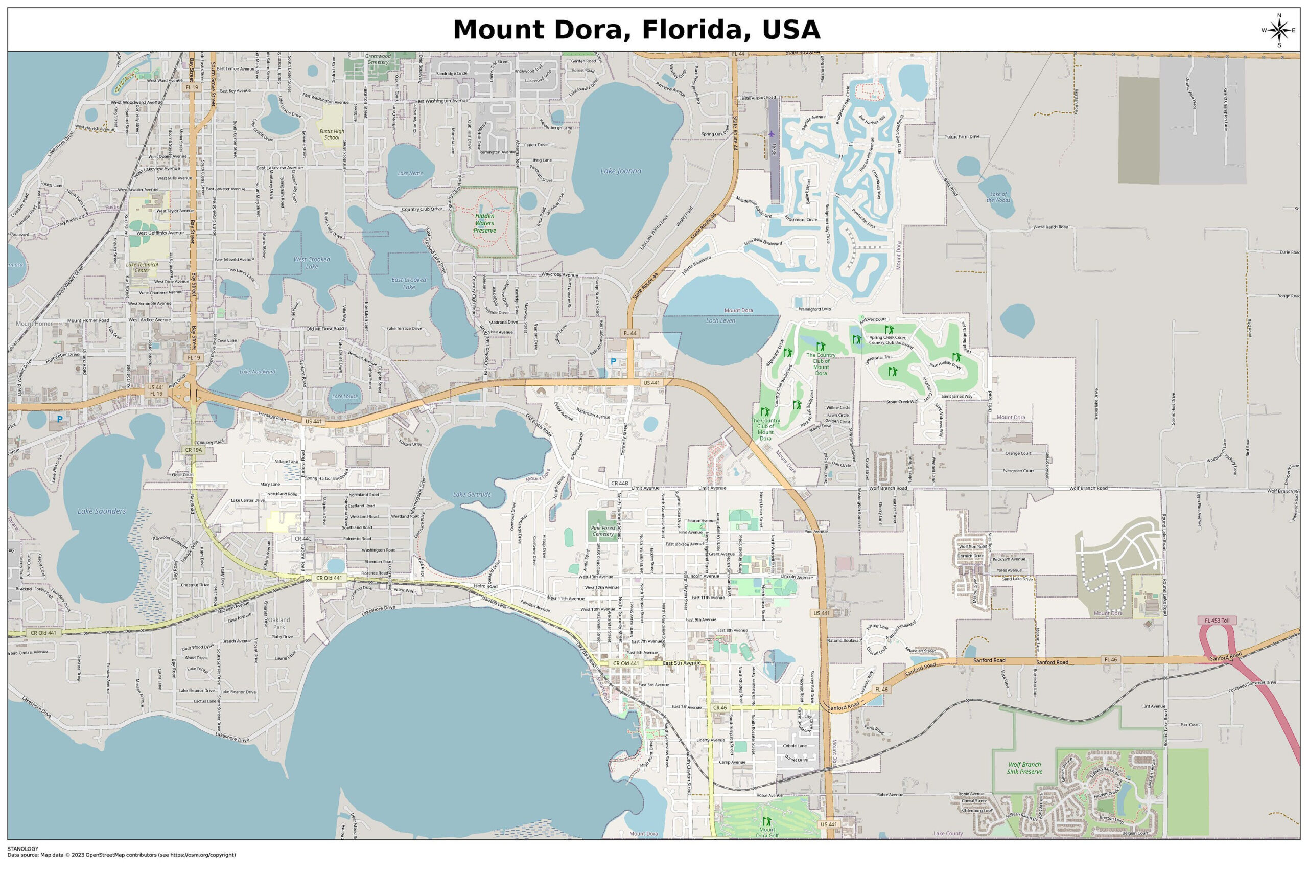 Mount Dora, Florida Map With Street Labels, Digital Print Poster regarding Map Of Florida Mount Dora