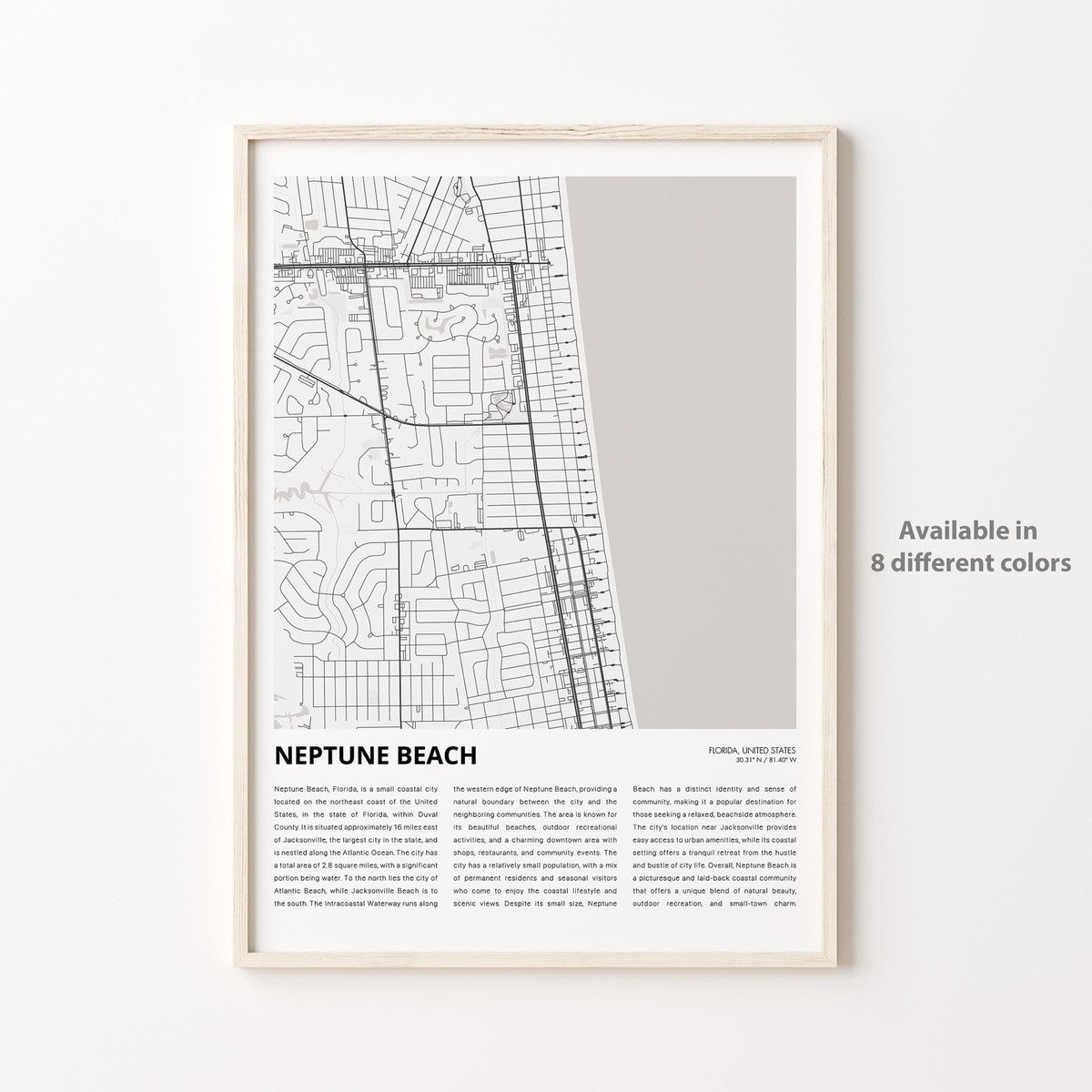 Neptune Beach City Map Print, Florida Travel Poster, Wall Art in Map of Neptune Beach Florida