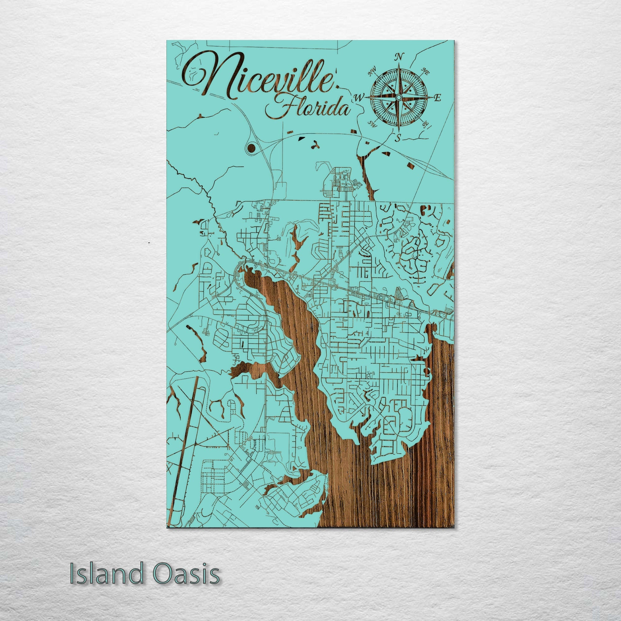 Niceville, Florida Street Map | Wood Engraved Map | Wall Art| Wood for City Map of Niceville Florida