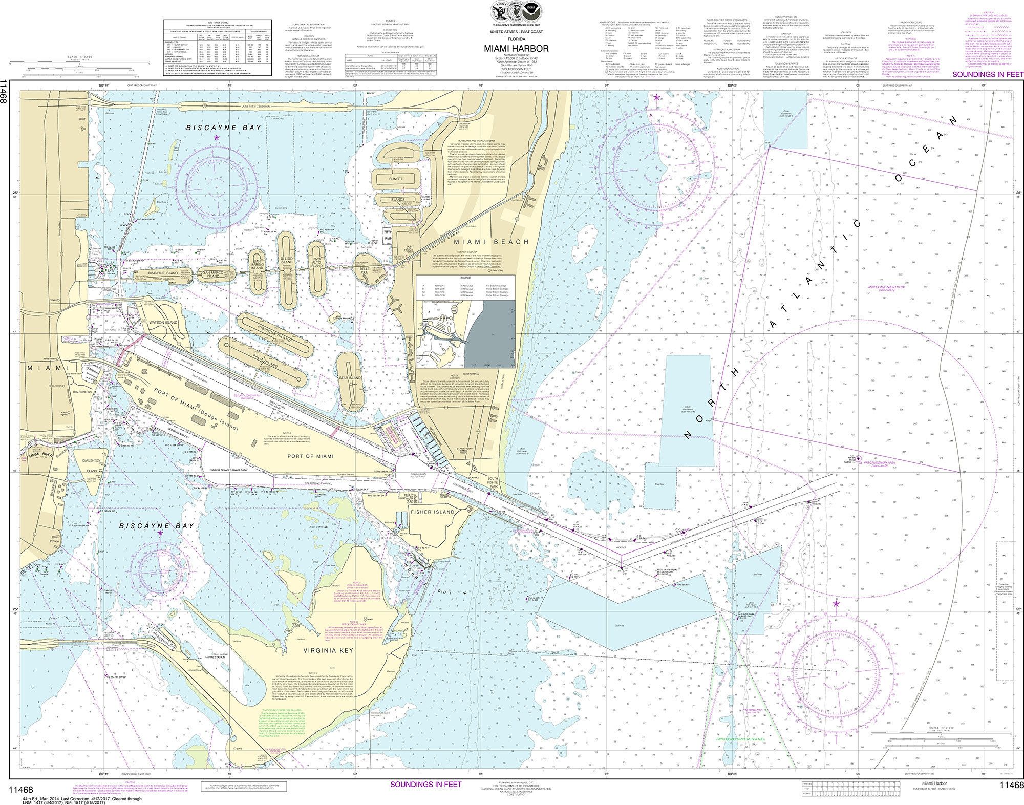 Noaa Nautical Chart - 11468 Miami Harbor in Map of Port of Miami Florida