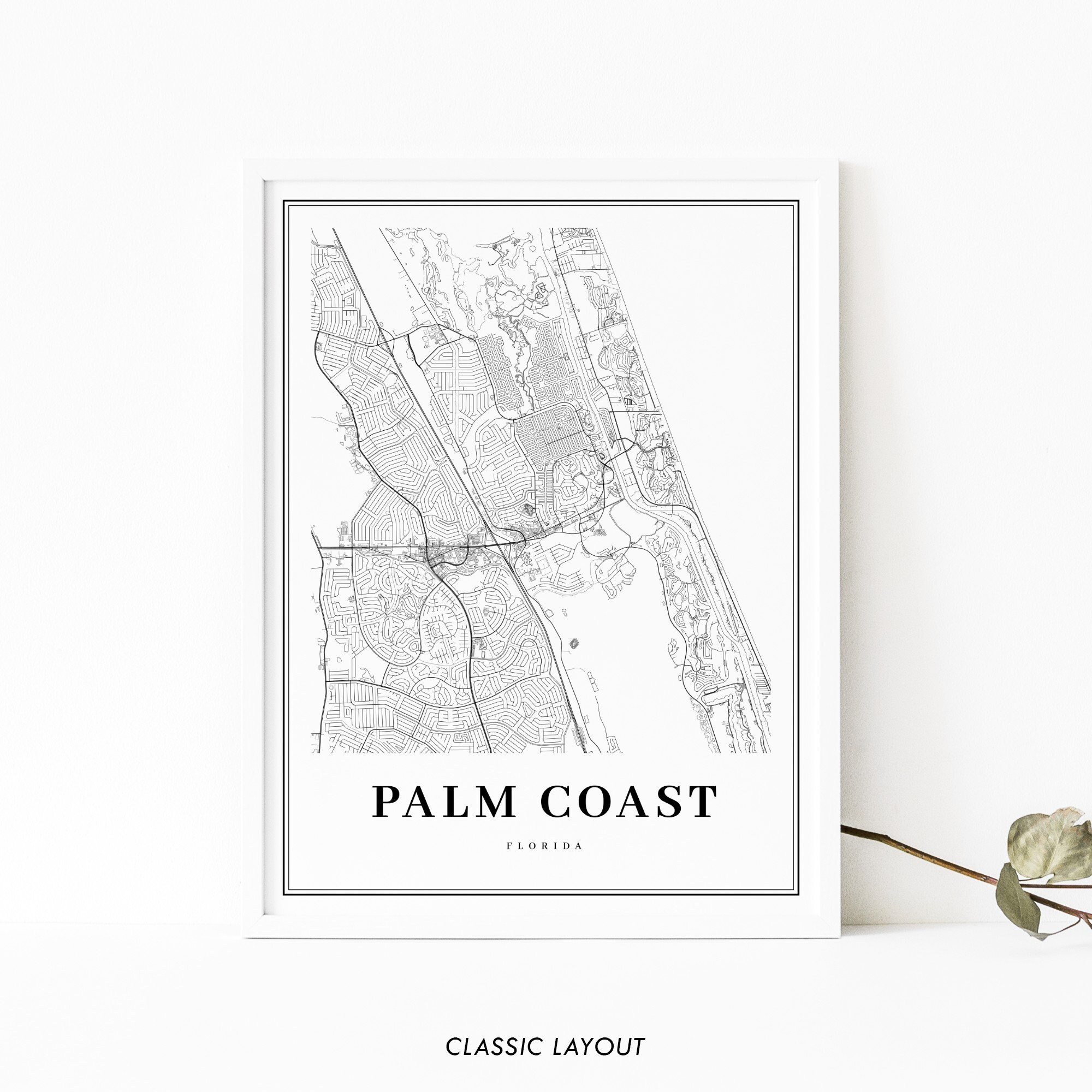 Palm Coast Fl Map Print, Florida Usa Map Art Poster, Flagler, City regarding Street Map Of Palm Coast Florida