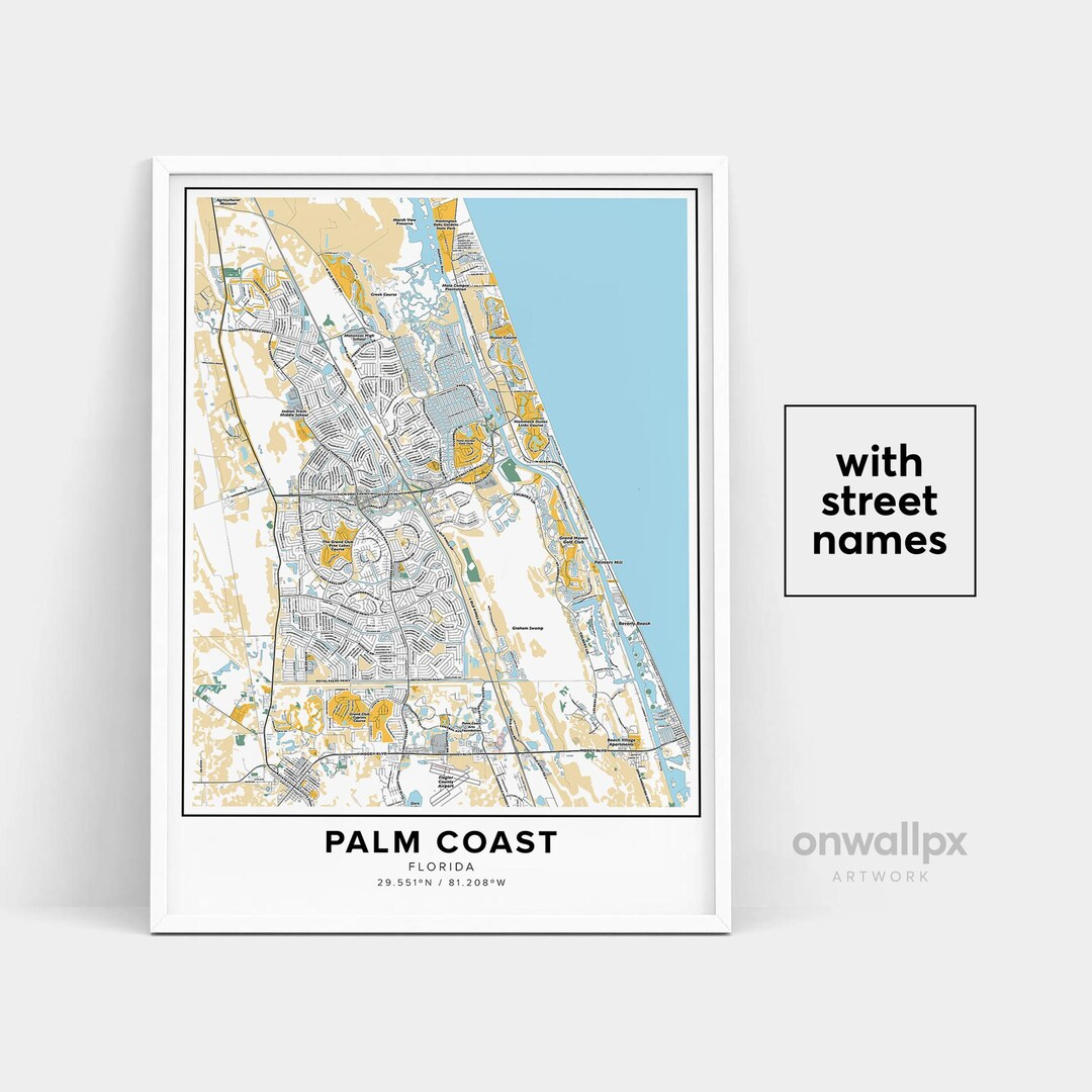 Palm Coast Map Print, Street Names Palm Coast Print, Map Of Palm for Street Map of Palm Coast Florida