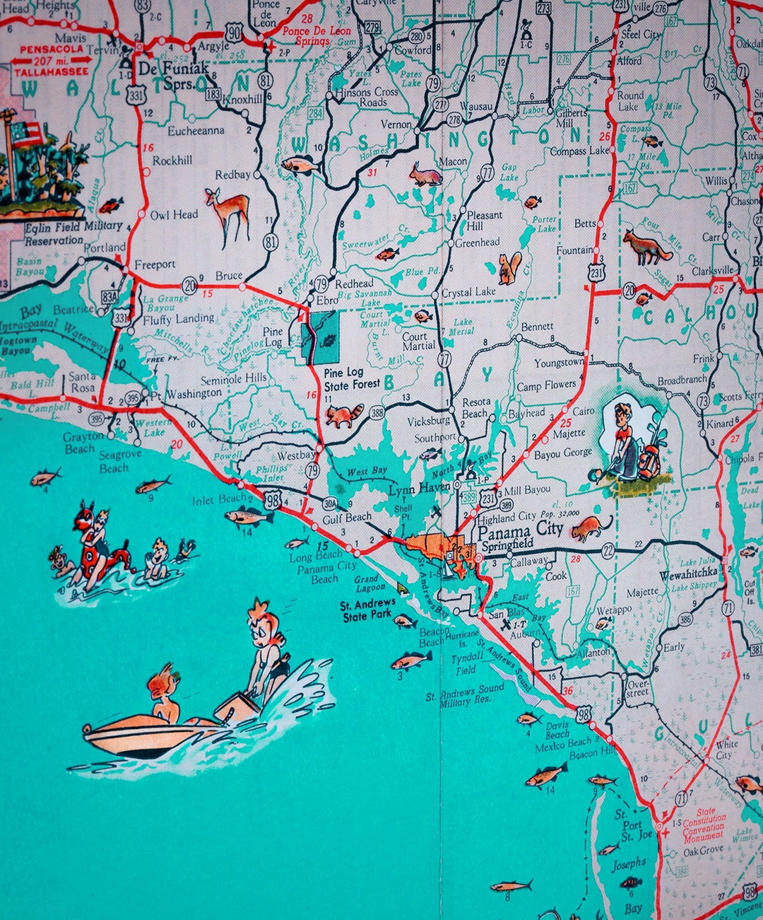 Panama City St Joe Florida Panhandle Beach Retro Map Print Funky Vintage Turquoise Photo Seagrove Beach - Etsy.de pertaining to Map Of Florida Showing Panama City