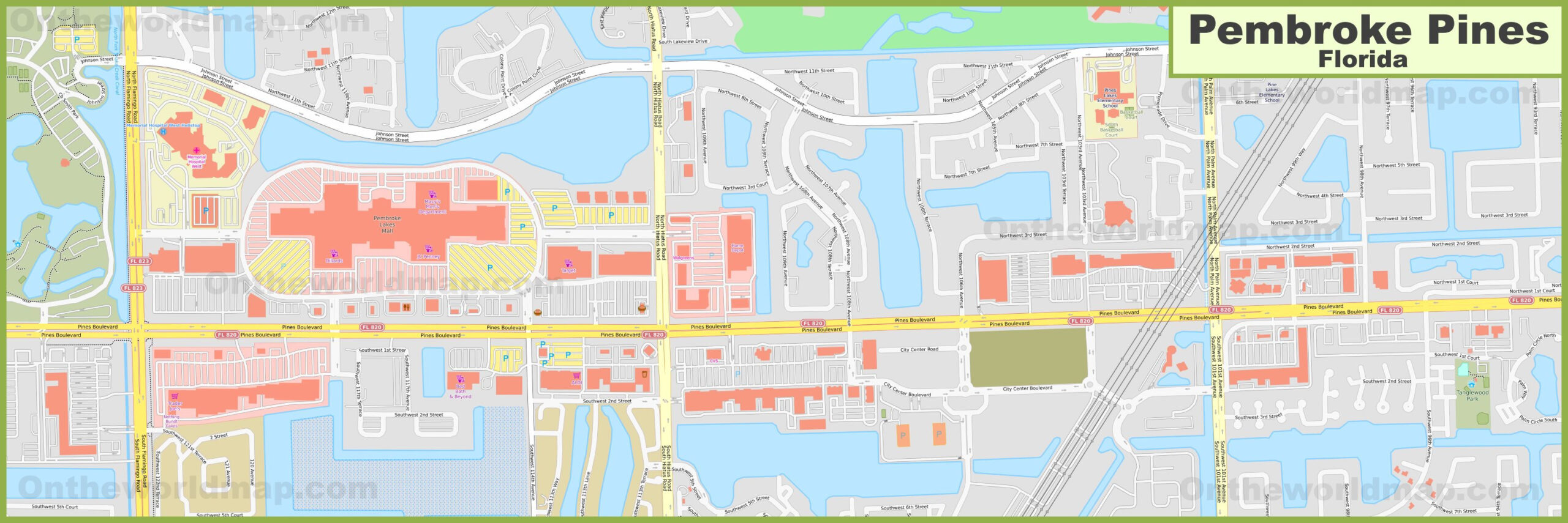 Pembroke Pines City Center Map - Ontheworldmap throughout Map Of Pembroke Pines Florida