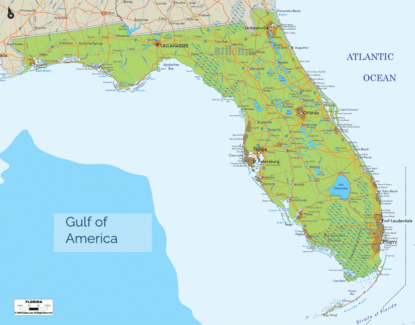 Physical Map Of Florida - Ezilon Maps within Land of Lakes Florida Map