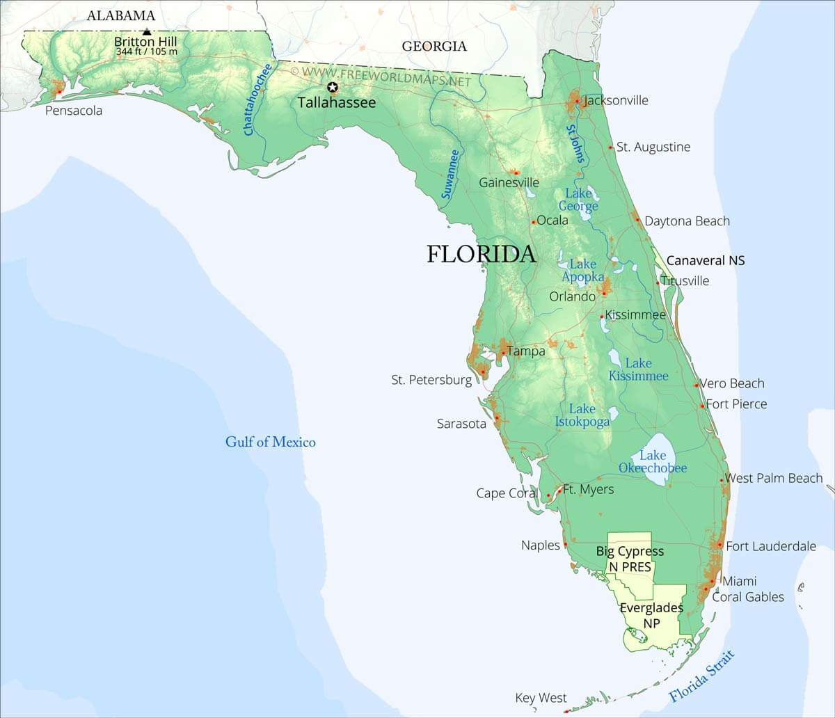 Physical Map Of Florida pertaining to Map Of Florida With Lakes