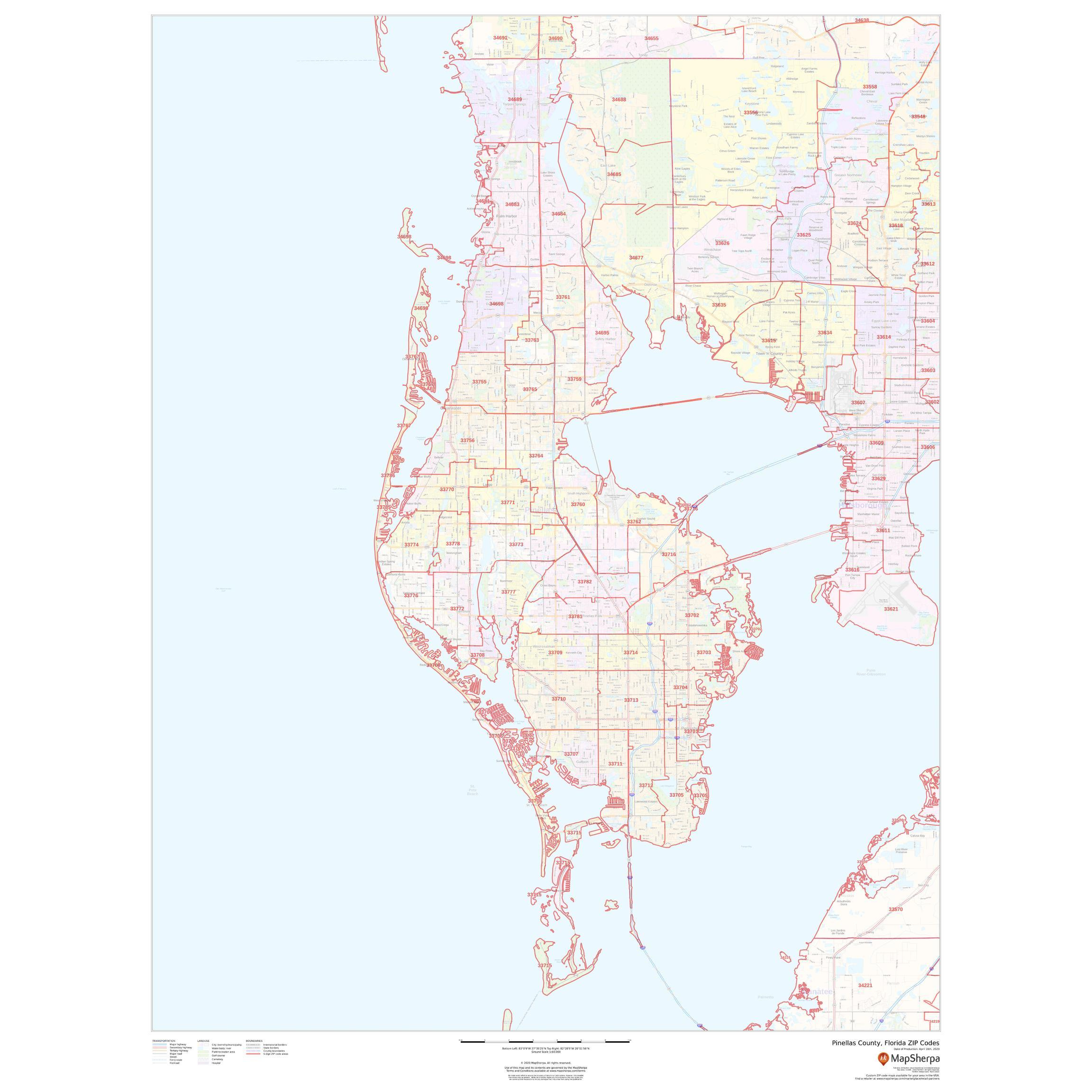 Pinellas County, Florida - Zip Codesmap Sherpa - The Map Shop pertaining to Zip Code Map of Pinellas County Florida