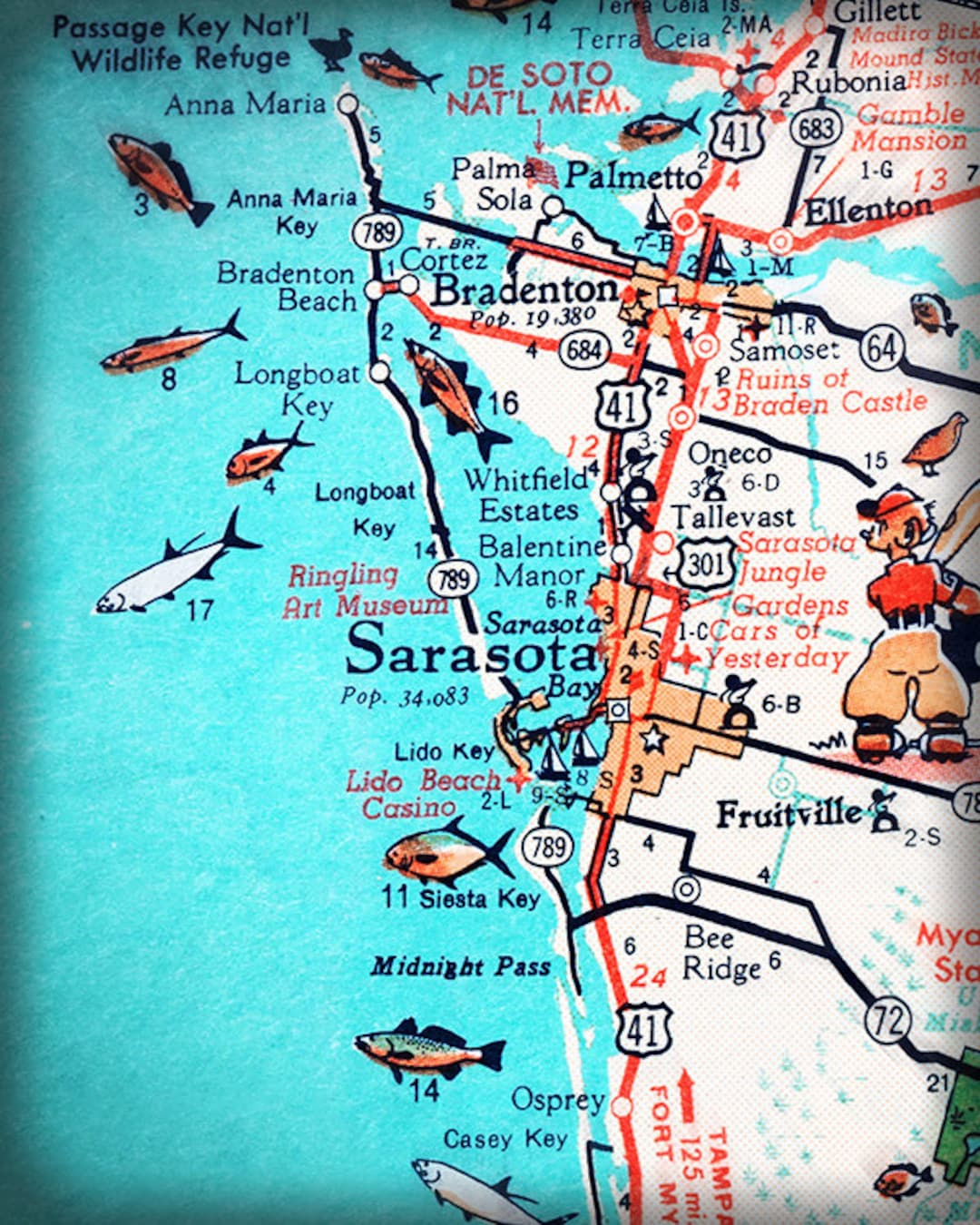 Sarasota Bradenton Retro Beach Map Print Funky Vintage Turquoise Photo Of Florida West Coast - Etsy.de with regard to Map Of The West Coast Of Florida Beaches