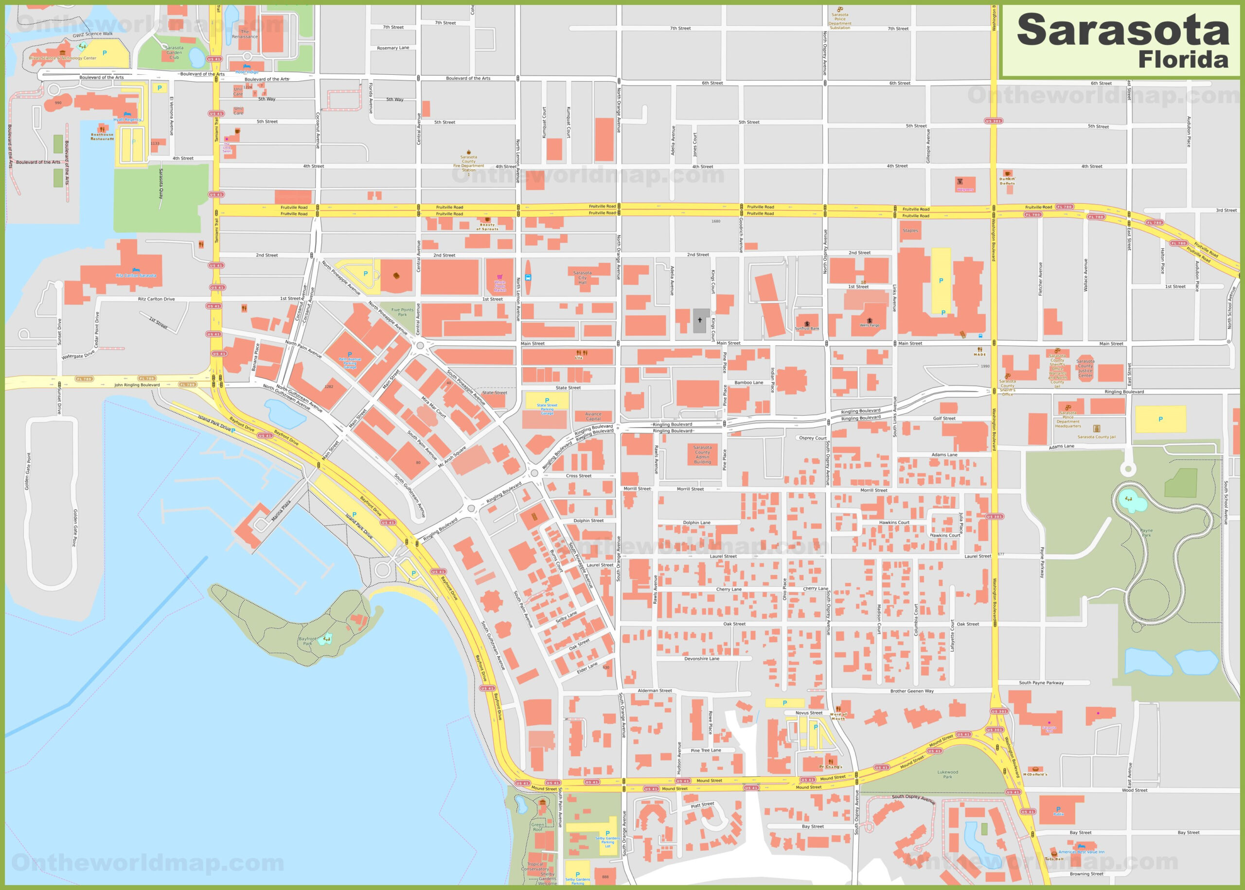 Sarasota City Center Map - Ontheworldmap within Map Of Hotels In Sarasota Florida