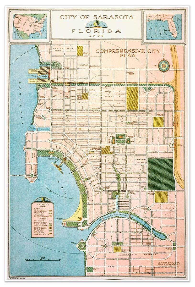 Sarasota Florida General Plan City Map Vintage Reprint Print Circa with City Map Of Sarasota Florida