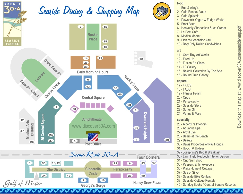 Seaside Dining And Shopping Map – Discover 30A Florida within Map Of Seaside Beach Florida