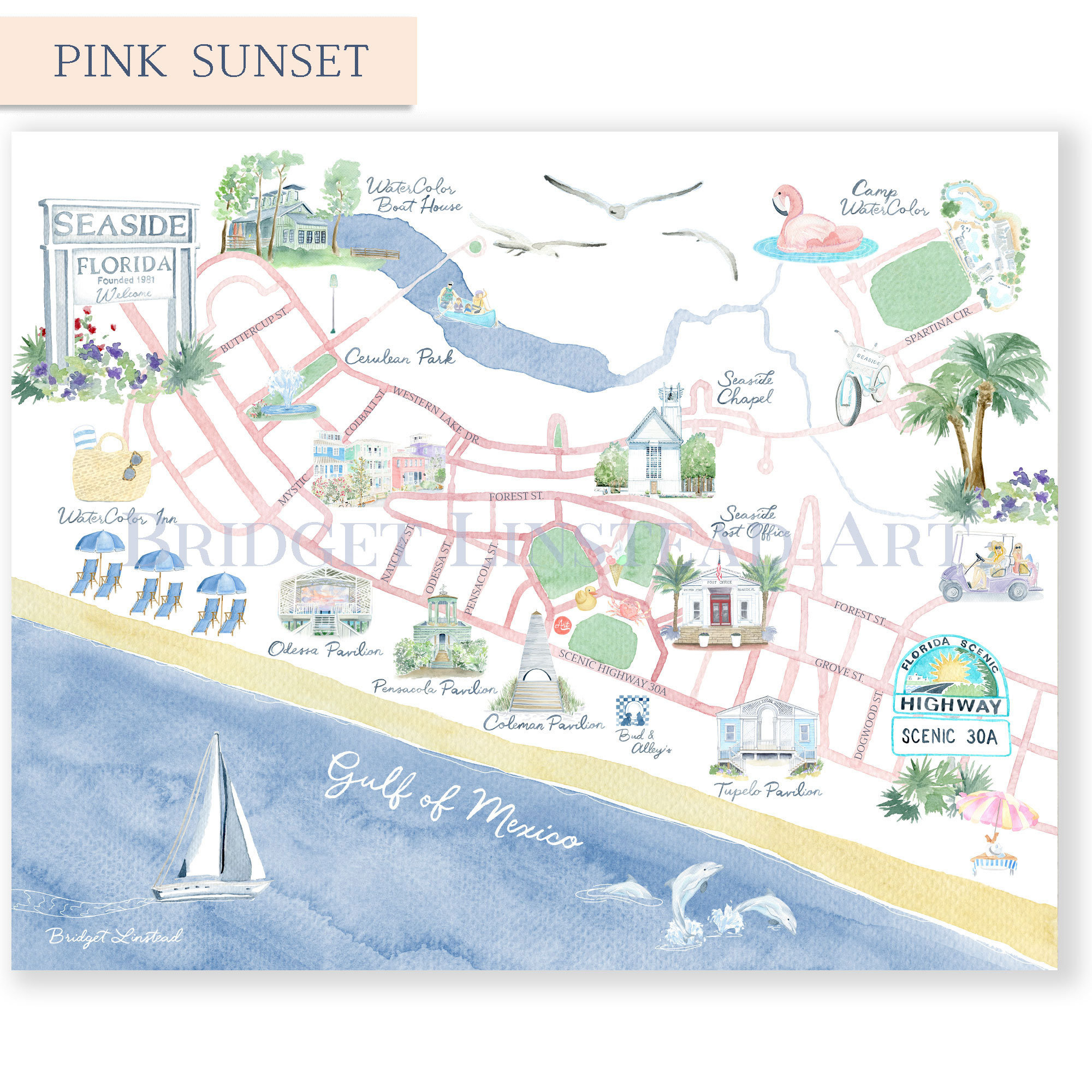 Seaside Florida Watercolor Map Art Print: South Walton Beach House pertaining to Map of Seaside Beach Florida
