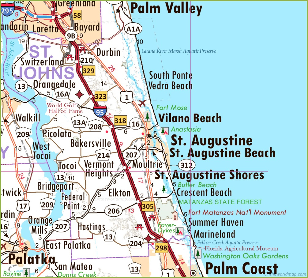 St. Augustine Area Road Map - Ontheworldmap regarding Map Of Florida St Augustine Fl