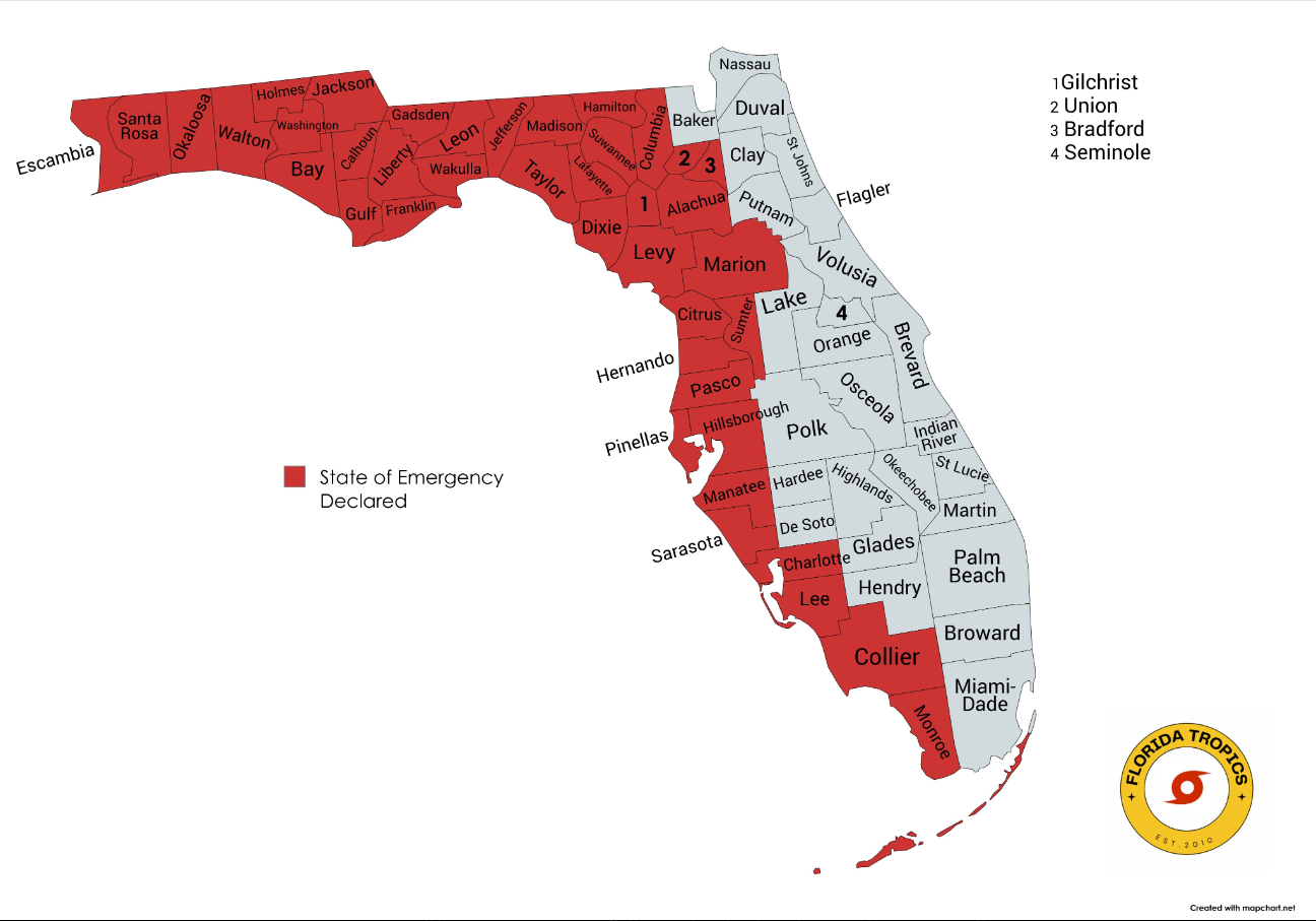 State Of Emergency Declared In Florida Counties - 90.7 Wkgc Public intended for Florida State Of Emergency Map