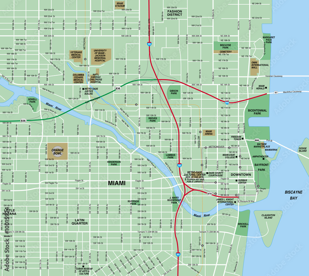 Stock-Illustration „Central Miami, Florida Downtown Street Map pertaining to Street Map Of Miami Florida