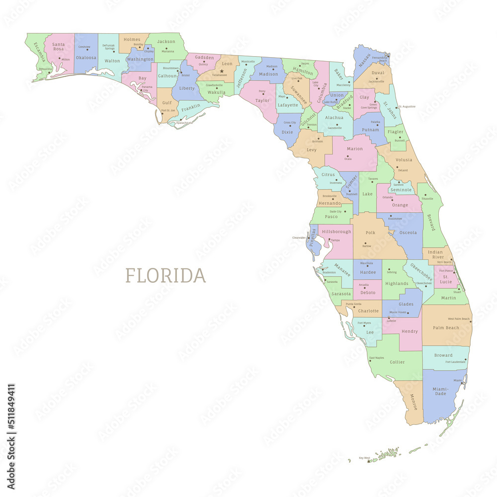 Stock-Vektorgrafik „Administrative Color Map Of Florida, American for Map Of The State Of Florida With Counties