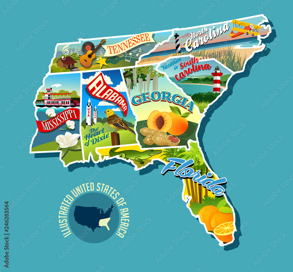 Stock-Vektorgrafik „Illustrated Pictorial Map Of Southern United for Map Of Florida And Georgia Usa