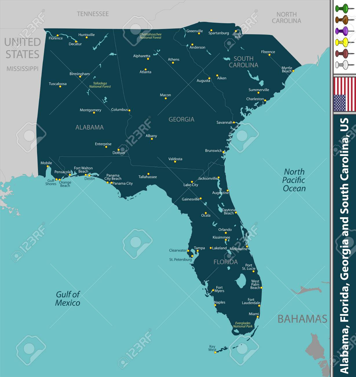 Vektorstaaten Alabama, Florida, Georgia Und South Carolina, Usa regarding Us Map Of Alabama And Florida