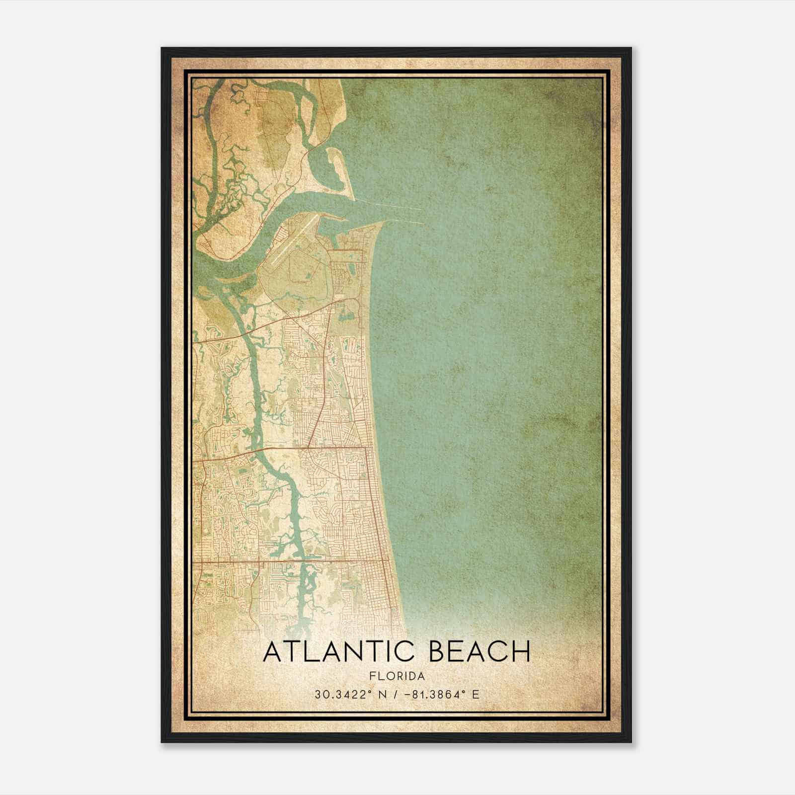 Vintage Atlantic Beach Florida Map Poster, Modern Home Decor Wall Art Print - Custom Maps &amp;amp; Posters inside Map of Atlantic Beach Florida