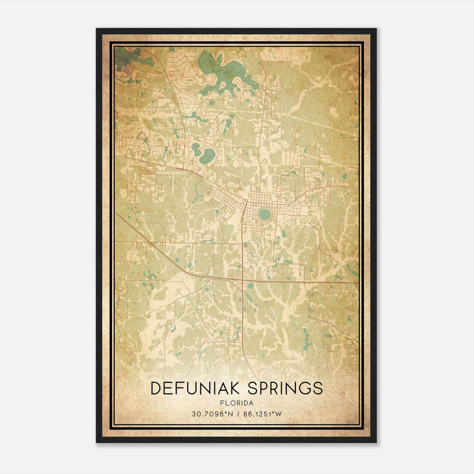 Vintage Defuniak Springs Florida Map Poster, Defuniak Springs Fl City Road Wall Art Print - Custom Maps &amp;amp; Posters with regard to Map of Defuniak Springs Florida