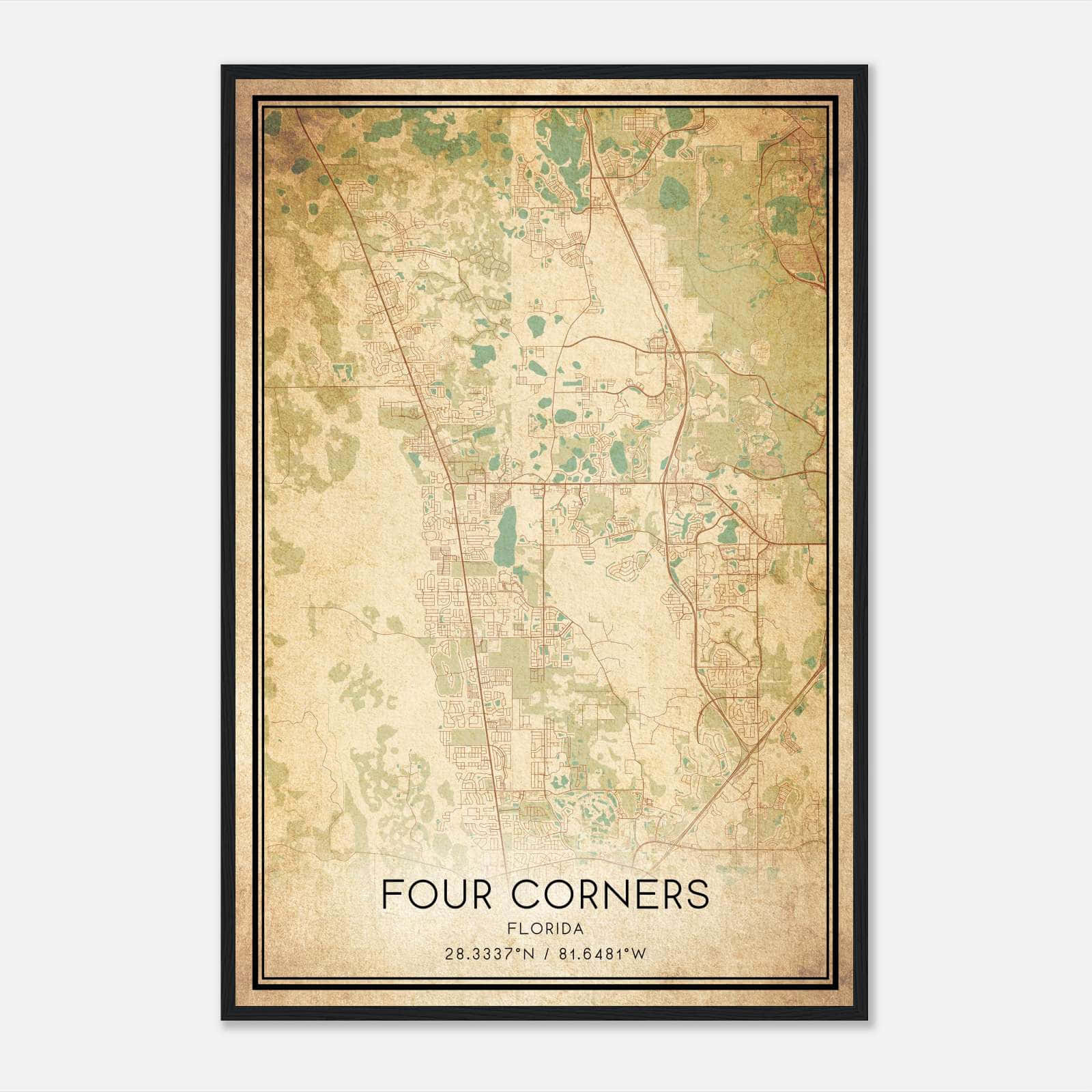 Vintage Four Corners Florida Map Poster, Four Corners Fl City Road Wall Art Print - Custom Maps &amp;amp; Posters regarding Map of Four Corners Florida