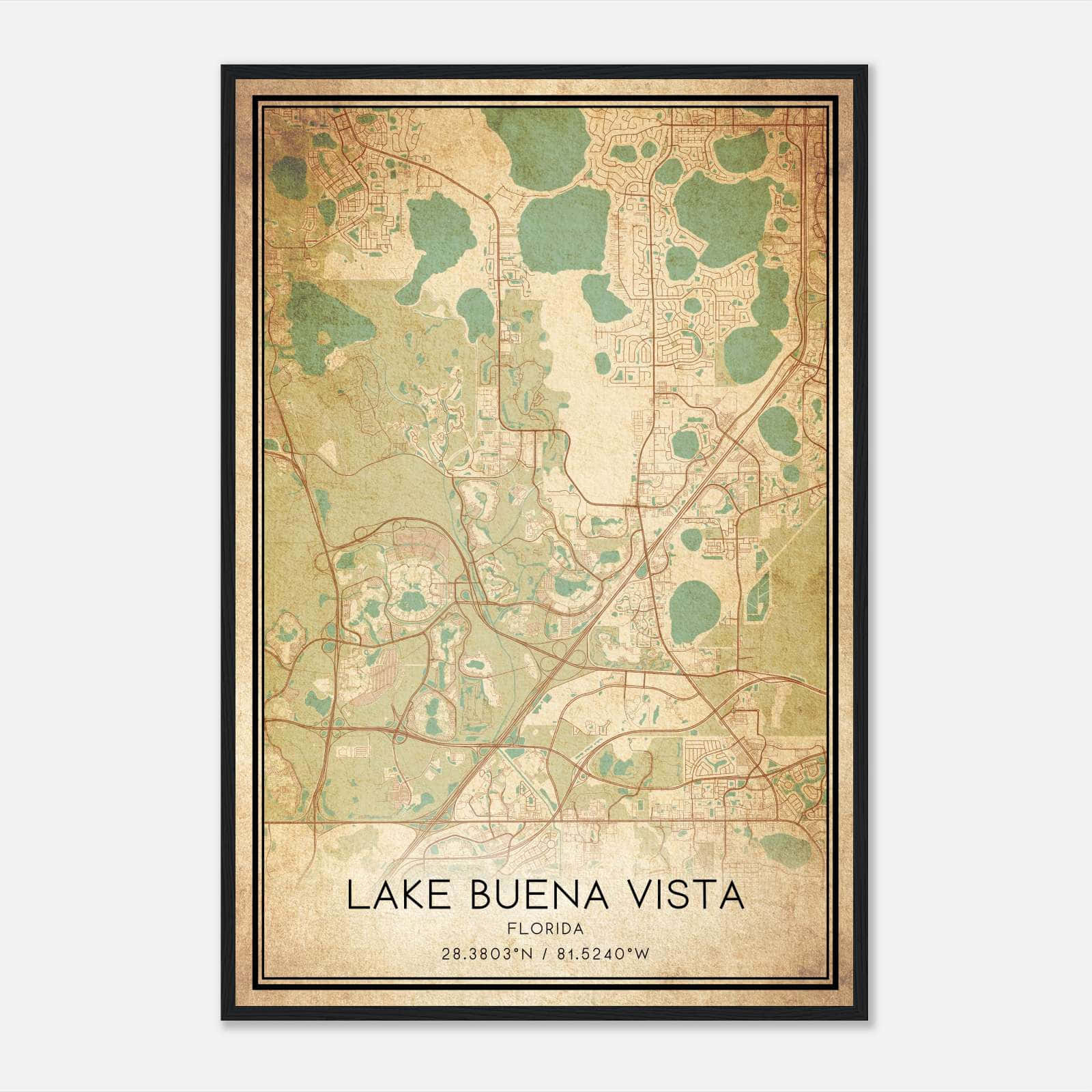 Vintage Lake Buena Vista Florida Map Poster, Lake Buena Vista Fl City Road Wall Art Print - Custom Maps &amp;amp; Posters with regard to Map of Buena Vista Florida