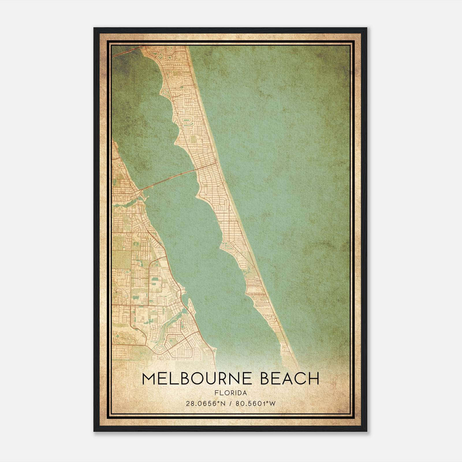 Vintage Melbourne Beach Florida Map Poster, Melbourne Beach Fl City Road Wall Art Print - Custom Maps &amp;amp; Posters with Map Of Melbourne Beach Florida