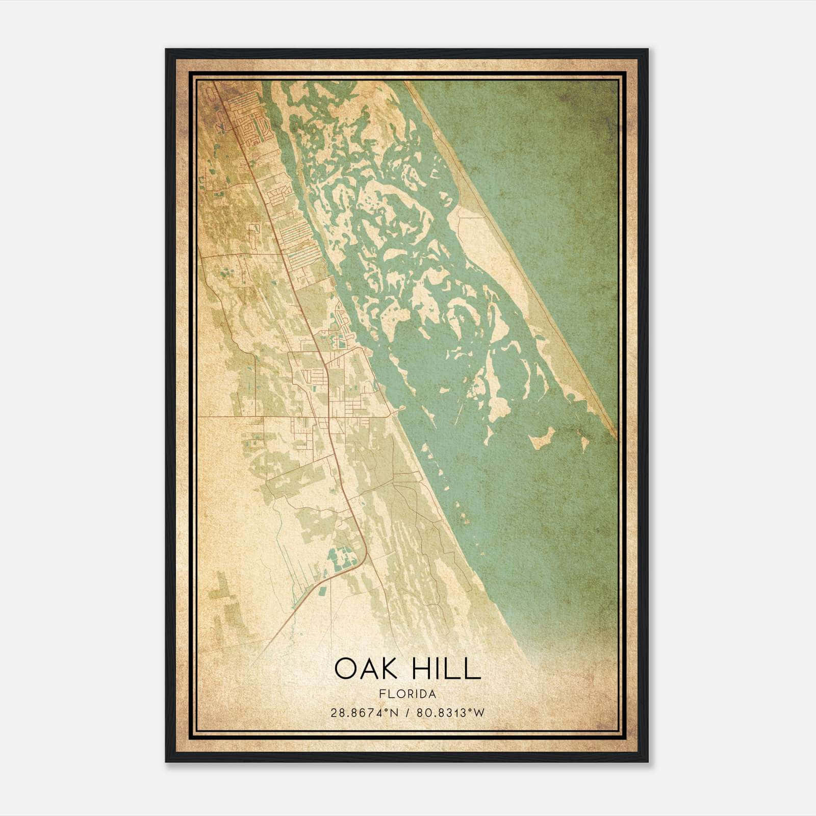 Vintage Oak Hill Florida Map Poster, Oak Hill Fl City Road Wall Art Print - Custom Maps &amp;amp; Posters regarding Map of Oak Hill Florida
